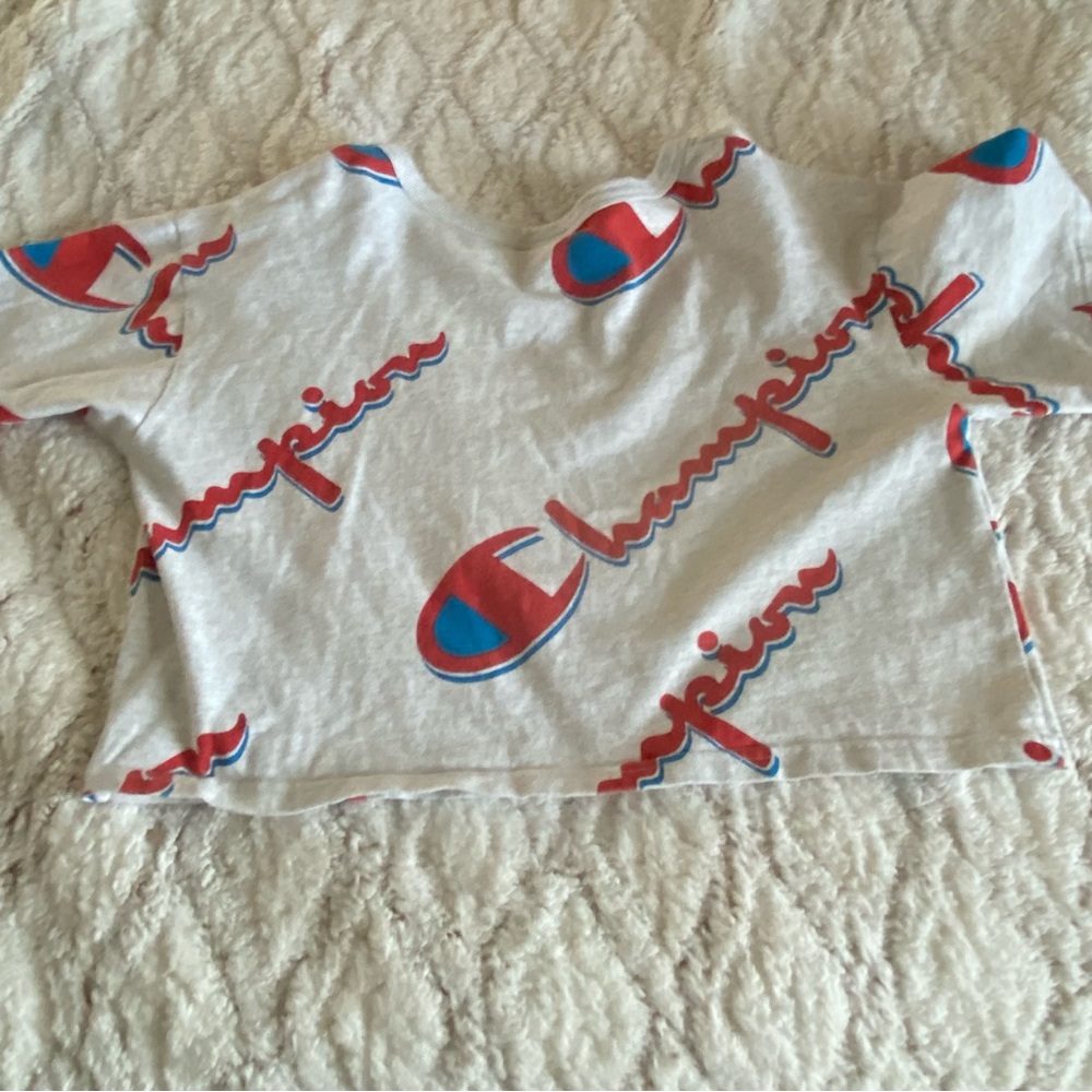 Champion Reverse Weave T Shirt Womens Medium‎ Spellout Logo Gray Red Blue - Picture 6 of 8